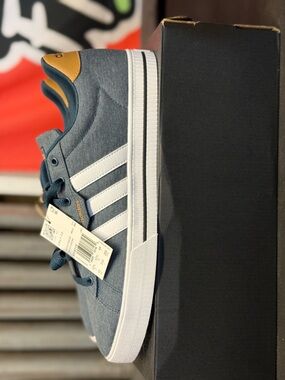 adidas Blue Canvas Sneakers with White Stripes and Tan Heel